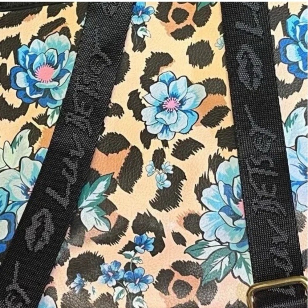 Luv Betsey by Betsey Johnson "Zooey" Ocelot Blue Flowers Flap Backpack - Picture 7 of 12